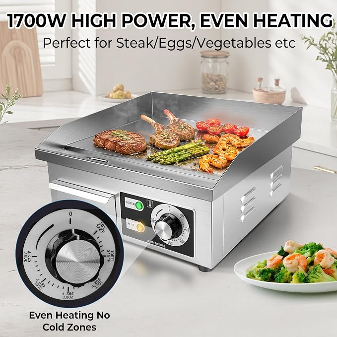 Stainless Steel Electric Griddle, Flat Top Grill for Countertop, Indoor Use | 1700W, 14.2"×15.7" Nonstick Surface, 122°F–572°F Temp Control, Removable Drip Tray for Easy Clean, Grill for Home& Commercial
