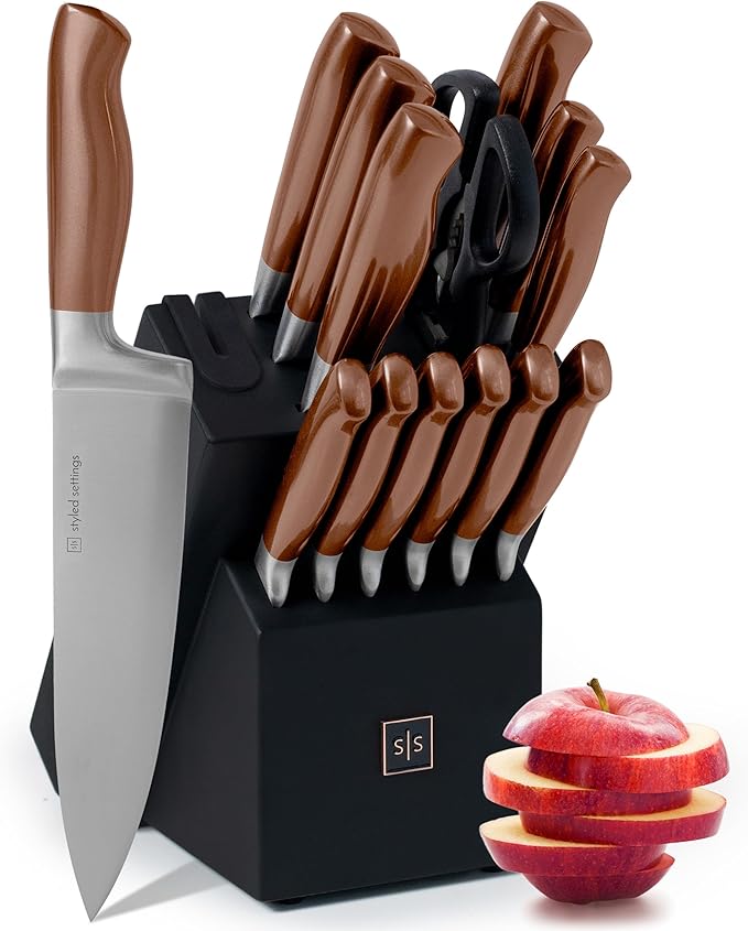 Styled Settings Copper Knife Set with Block & Built-In Sharpener, 14-Piece | Ultra-Sharp Full Tang Kitchen Knives with Block and Sharpener Built-In, Cooking & Prep Essentials, Copper Kitchen Accessories