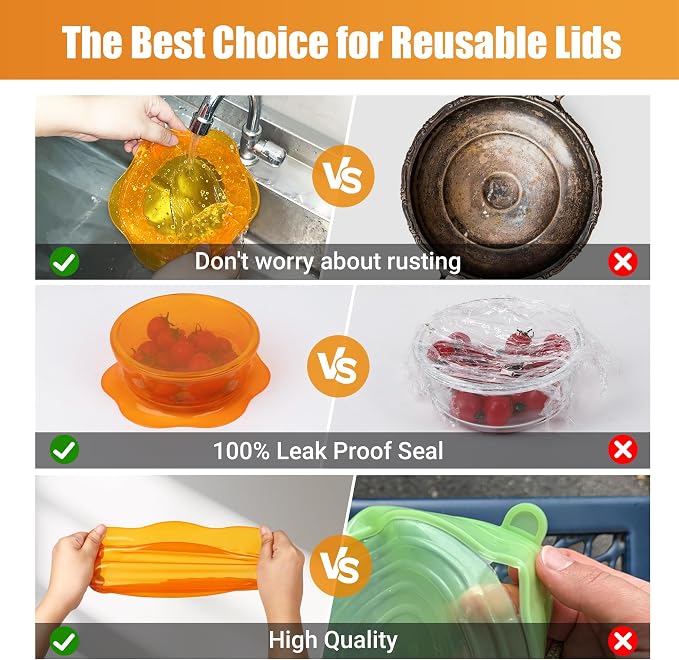 Silicone Stretch Lids for Food Storage in Fridge, Reusable Elastic Bowl Covers for Cup, Cans, Jars, Round & Rectangle Container, Food Grade Silicone Microwave Food Cover, Orange, 6PCS