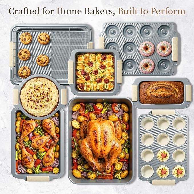 Kikcoin 25-Piece Nonstick Baking Pans Set with Large Turkey Roasting Pan, Stackable Bakeware Set, 450°F Oven Safe Baking Sheet Set with Silicone Handles, Carbon Steel Cookie Sheets for Baking, Cream