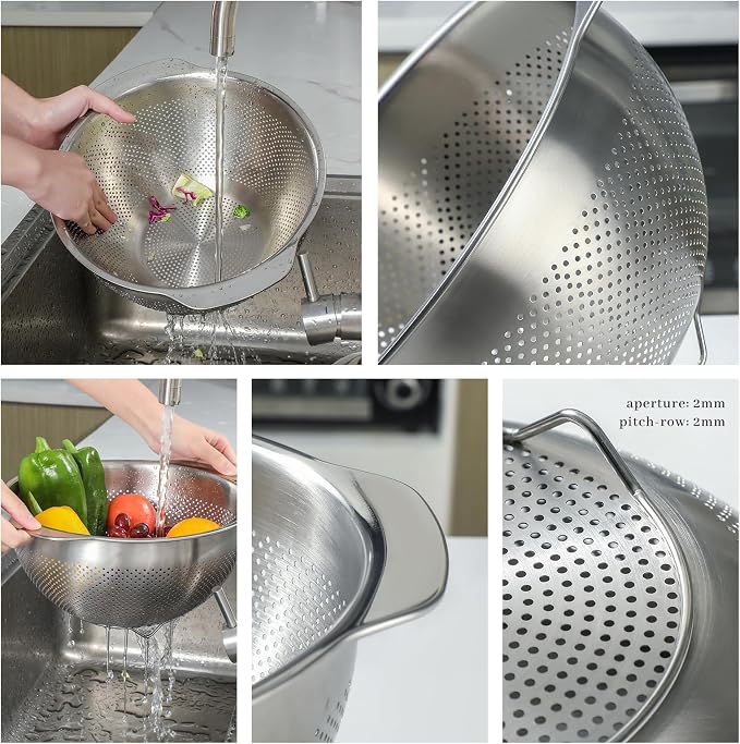18/8 Stainless Steel Microwell Colander, 5QT Large Capacity with Handle Kitchen Food Strainer Basket for Washing Vegetables, Fruits, Rice, and Pasta (primary colour, 5QT)