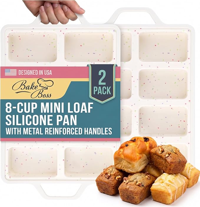 Silicone Mini Loaf Pans for Baking, 2-Pack – 8 Cavity Nonstick Bread Mold | Metal Reinforced Silicone Mini Loaf Pans for Baking, Food-Grade BPA-Free Bread Mold, Easy Release Surface, Dishwasher Safe