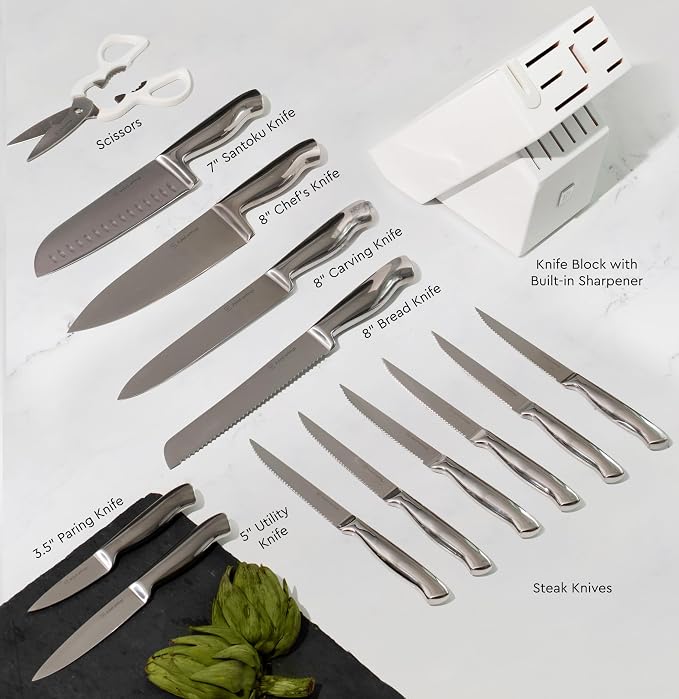 Styled Settings Stainless Steel Knife Set with Built In Sharpener, 14-Piece | Ultra Sharp, High Carbon Stainless Steel Kitchen Knife Set Includes White Knife Block with Sharpener Built In