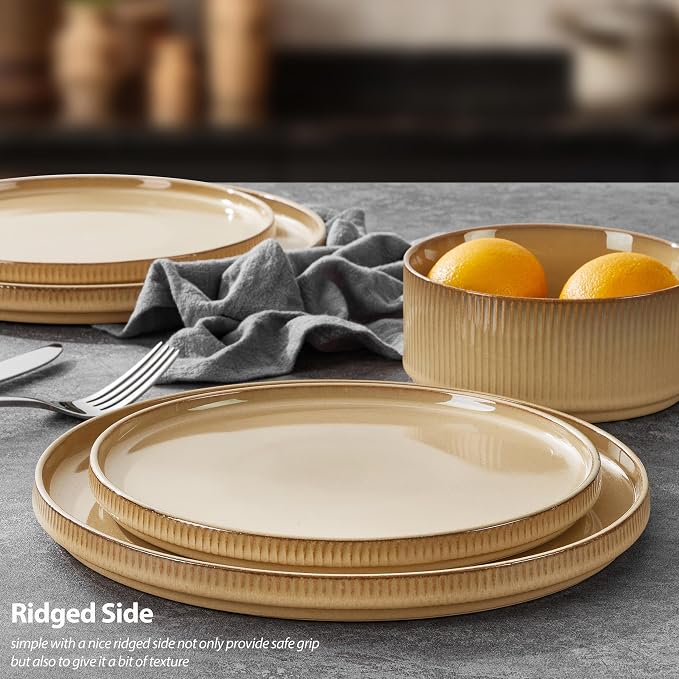 LIANYU 24 Piece Dinnerware Plates and Bowls for 6, Ceramic Elegant Stoneware Dishes Sets with Pasta Bowls, Modern Ribbed Dining Ware Dishware for Restaurant Wedding, Dishwasher Safe, Dune Khaki