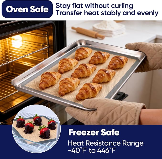 E-far Silicone Baking Mats, 11.5x8.7” Nonstick Reusable Silicone Mat for Kitchen Oven Baking Cookie Bread Pastry, 2Pcs Food Grade Rectangle Silicon Baking Sheet, Heat-Resistant & Easy Clean, Gray