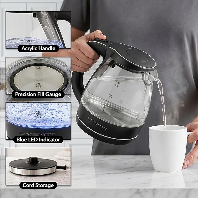 OVENTE 1.5L Glass Electric Kettle Water Boiler, Black KG83B | 1100W Fast Boiling, Borosilicate Glass, BPA-Free, Blue LED, Auto Shut-Off, Boil-Dry Protection, Removable Filter, 360° Base