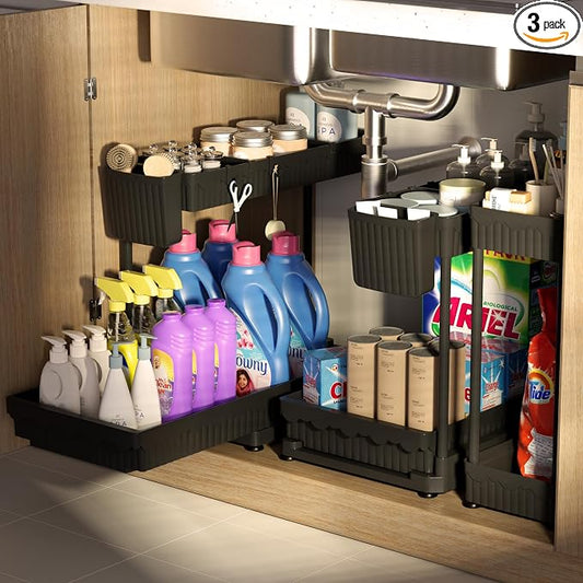 3-Pack 2-Tier L-Shaped Under Sink Organizers with Sliding Drawers | Multi-use kitchen & bathroom storage, 14.85 inch black cabinet organizer, space-saving sliding drawer design.