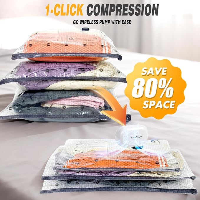 Vacuum Bags for Travel with Rechargeable Pump, 9 Pack Compression Packing Bags with 35KPA Electric Pump, 80% Space Saver for Clothes, Vacuum Seal Bags fo Carry-on Luggage Suitcase