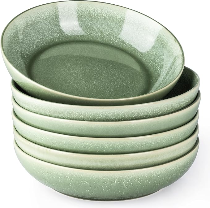 AmorArc 8.5’’ Ceramic Pasta Bowls Set of 6, 36oz Large Stoneware Bowls Set | Large Dinner Serving Bowls Set, Wide Bowl Plate for Pasta,Salad, Soup, Microwave Safe, Reactive Glaze-Olive Green