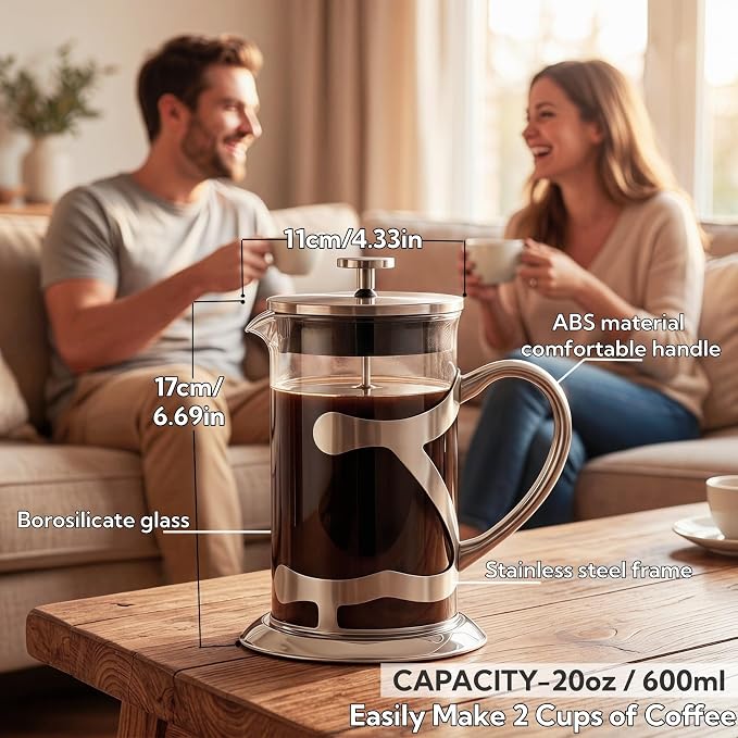 Stainless Steel French Press Coffee Maker 600ml, 20oz Heat Resistant Borosilicate Glass Coffee Press with Coffee Measuring Spoon, Manual Brewer for Coffee and Tea