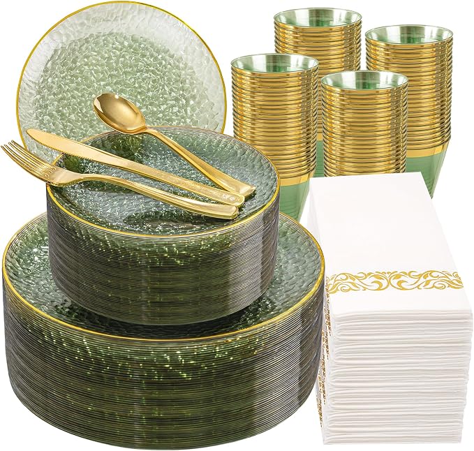 DaYammi 350PCS Sage Green Plastic Dinnerware Set, Plastic Plates Disposable Hammered Disposable Plates for Party, Include: 50 Dinner Plates 50 Dessert Plates 150 Gold Silverware 50 Napkins 50 Cups