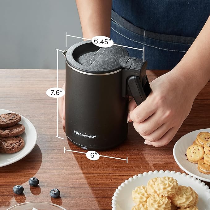 Elite Gourmet Dual-Voltage Travel Kettle, 0.6L Stainless Steel, Black | 120-230V, Cool-Touch Double Wall Insulated, Hinged-Locking Lid, Auto Shut-Off & Boil-Dry Protection