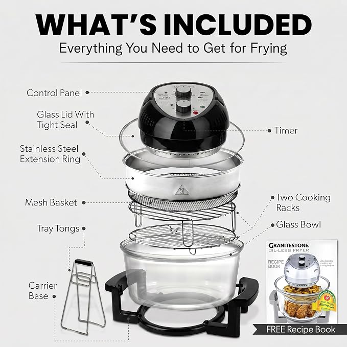 Granitestone 16 Qt Large Glass Air Fryer Non Toxic, Black | PFOA/PTFE/BPA Free, Large Family Sized Airfryer Cooker with 3 Cooking Sections, No Preheat, Self Cleaning, Dishwasher Safe