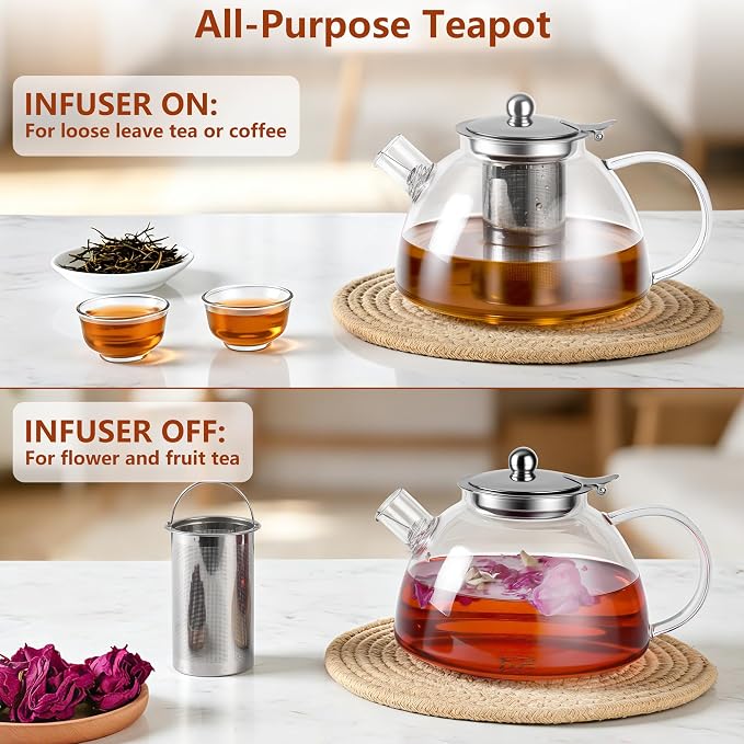 Ehugos Glass Teapot with Removable Infuser, 1300ml/44 oz Stovetop Safe Hand Crafted Clear tea kettle for Loose Leaf Tea, Hot/Iced Water, Juice Beverage