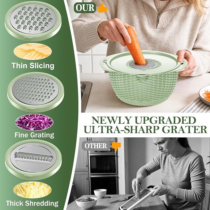 4-1 Colander with Fruit Bowl Set - Colander for Kitchen, Rotatable Strainers and Colanders(Patented), Pasta Strainer with New Upgraded Graters for Fruit, Veggie, Aesthetic Kitchen Essentials - Green