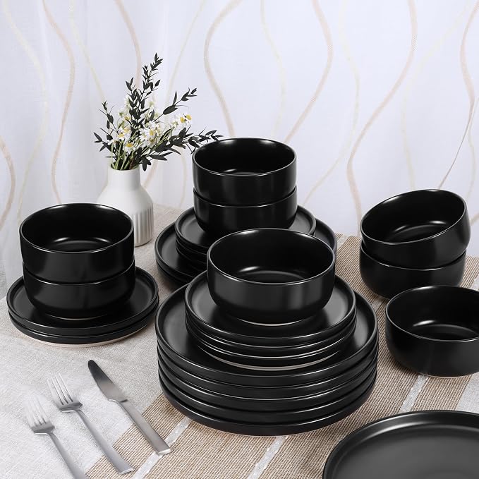 HaWare Stoneware Dinnerware Sets, 24-Piece Plates and Bowls Set for 8, Dishes Set for Home Restaurant, Frosting Black