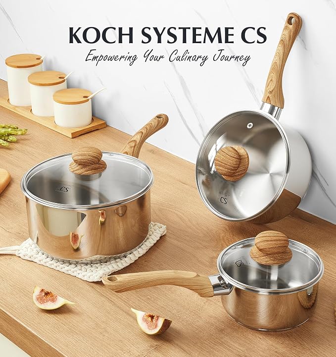KOCH SYSTEME CS Stainless Steel Saucepan, 1 Quart Stainless Steel Pot with 5-Layer Stainless Base, Sauce Pan with Lid & Stay-Cool Handle, Small Pot 1 Quart, Induction Compatible