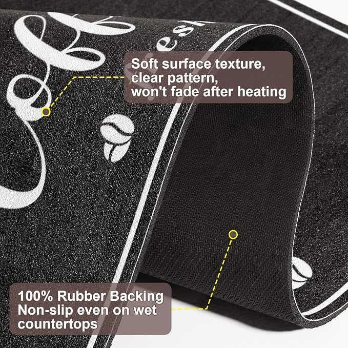 CooRug Fashion Coffee Mat, Dish Drying Mat 17" x 32" Black | Hide Stain, Absorbent, Coffee Bar Accessories, Heat Resistant, Non-slip, Eco-friendly, Easy to Clean