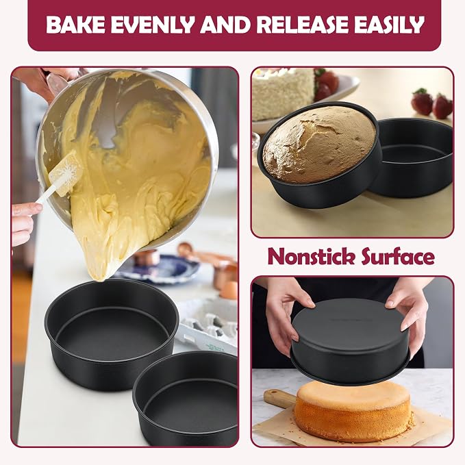 E-far 8 Inch Cake Pan, 3PCS Nonstick Stainless Steel Baking Cake Pans Tins | Round Smash Bakeware Baking for Birthday Layer Cake/Cheesecake, Straight Side, Non-Toxic & Healthy, Leakproof & Easy Clean