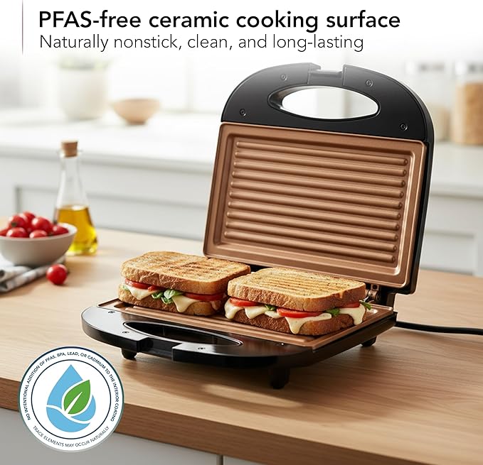OVENTE Electric Panini Press Grill, 750W Nonstick Plates, Copper GP0110CO | LED Indicator Lights, Thermostat Control, Compact Sandwich Maker Perfect for Cooking Breakfast, Steaks, Eggs Snacks & More