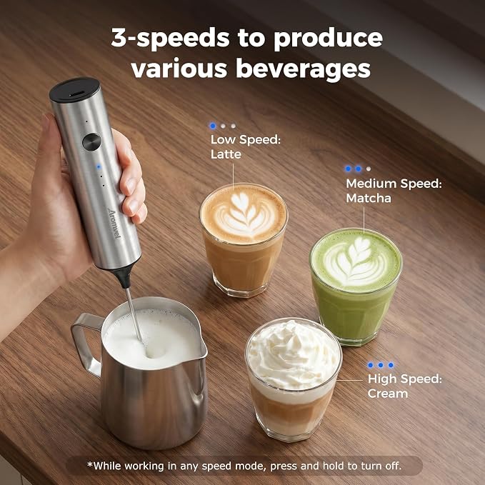 Rechargeable Milk Frother Handheld, 3 Speeds for Coffee, Latte | Electric Foam Maker with Dual Spring Whisk, Hot Chocolate, Portable Charging USB-C Stainless Steel Hand Drink Mixer