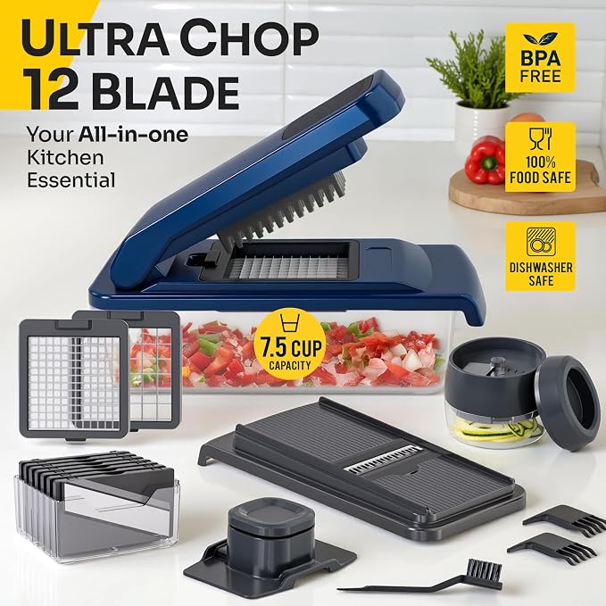 UltraChop All-In-1 Vegetable Chopper, Blue | 12 Blade Heavy Duty, Food Chopper Container, Spiralizer, Mandoline Slicer Onion Mincer, French Fry And Salad Cutter