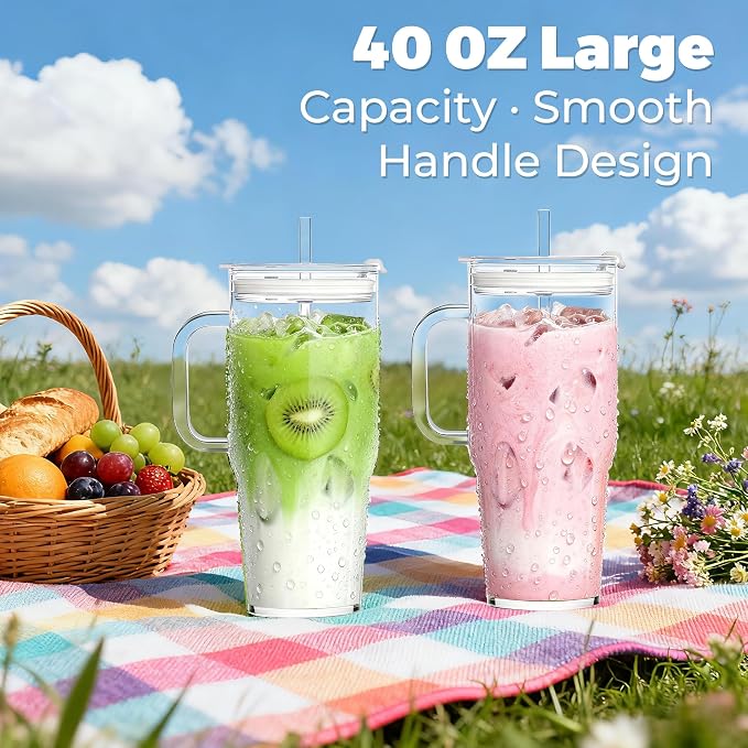 Birity 2Pack 40OZ Glass Tumbler with Handle,Glass Cup with Lid and Straw,Reusable Glass Iced Coffee Cup for Beer, Smoothies, Juice,Hot/Cold Drinks-Suitable for Birthday,Wedding