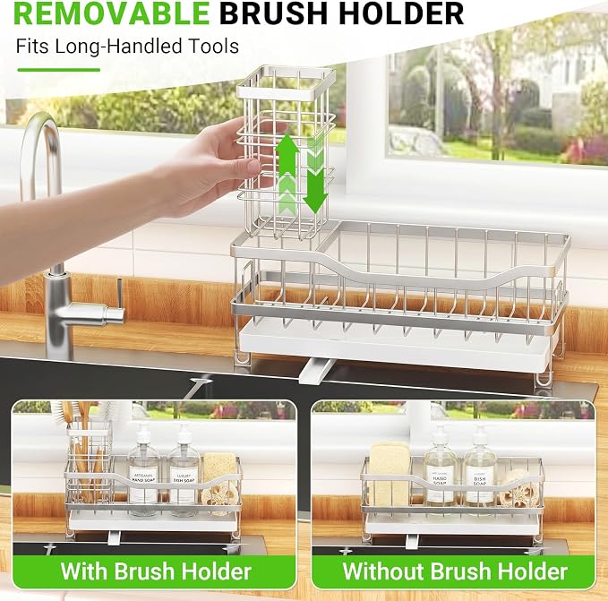 Sink Caddy, Sponge Holder for Kitchen Sink, Silver | Self-draining Sink Organizer with Removable Brush Holder , Metal Sponge Rack for Countertop, Fits Soap Dispenser & Scrubber