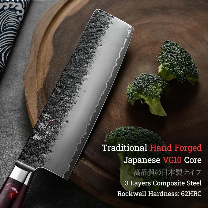7'' Japanese Nakiri Knife, Black Forged 3-Layer VG10 Steel Core | San-Mai Kurouchi Finish, 62 HRC Hardness, Straight-Edge Precision, Vegetable & Herb Prep, Resin-Wood Handle, Premium Gift Box