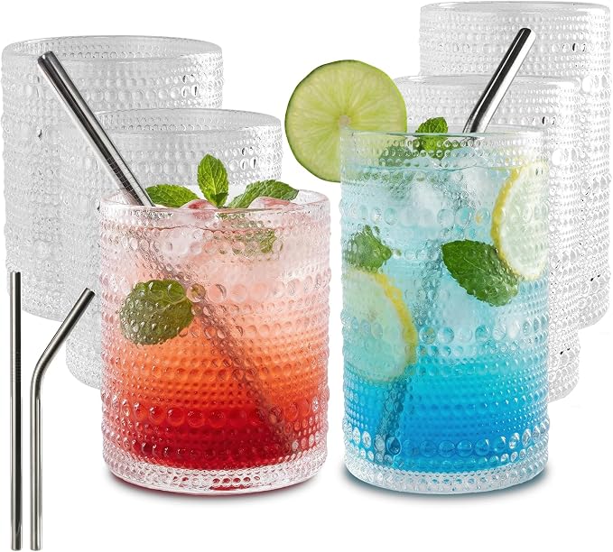 CycleMore Set of 12 Vintage Hobnail Drinking Glasses, 12 oz Highball Glasses & 10 oz Cocktail Glasses, Bar Tumbler Glassware for Water, Juice, Beer, Whiskey, Cocktail, Smoothie