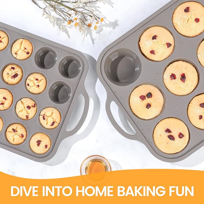 CAKETIME Silicone Muffin Pans for Baking, Metal Reinforced Frame Regular 12 Cups & Mini 24 Cups Cupcake Pan Set Nonstick Muffin Pan for Homemade Baking Easy to Handle