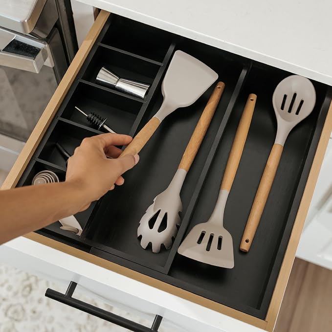 Utensil & Junk Drawer Organizer, 10.5-19 in, Black Bamboo | Food-safe contract grade, 100% sustainable wood, non-slip, adjustable