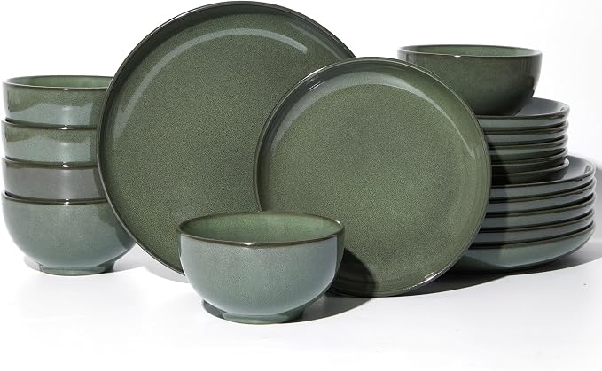 Stoneware Dinnerware Sets for 6, 18 Piece Microwave Safe Plate and Bowl Set, Easy to Clean & Durable Dishes Sets for Small to Medium Families, Forest Green