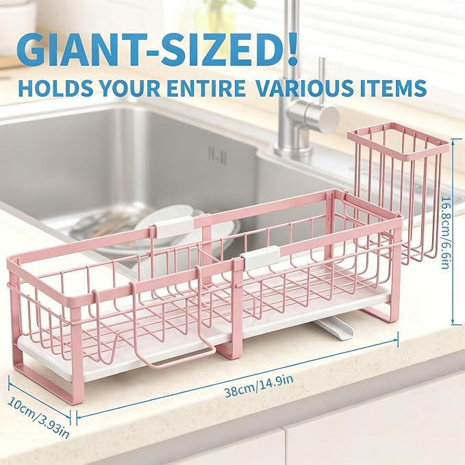 Extra Large Extendable Sponge Holder for Kitchen Sink Caddy Organizer | Rustproof Sink Caddy Organizer with High Brush Holder, Dish Soap Dispenser Organizers and Storage (Black)