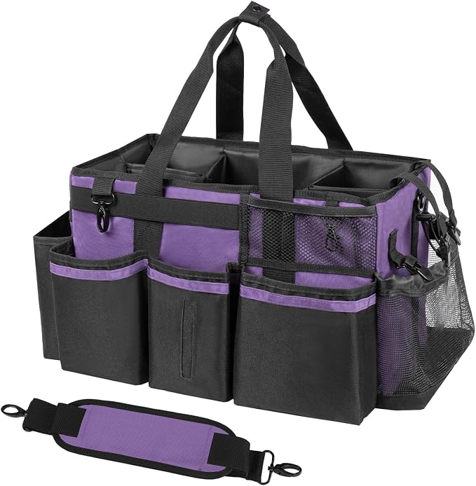 SCAVATA Wearable Cleaning Caddy, Cleaning Caddy Supplies Organizer with Handle & Shoulder Straps for Housekeepers, Under Sink & Car Cleaning Tool Organizers Bag with 4 Foldable Divider (Purple)