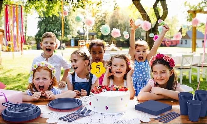 350 Pcs Navy Plastic Plates For Party, Navy Disposable Plates Set, 50 Of Each 9" Dinner Plate Set, 7" Dessert Plate, Cups, Napkins & Cutlery Plastic Dinnerware Set Exquisite
