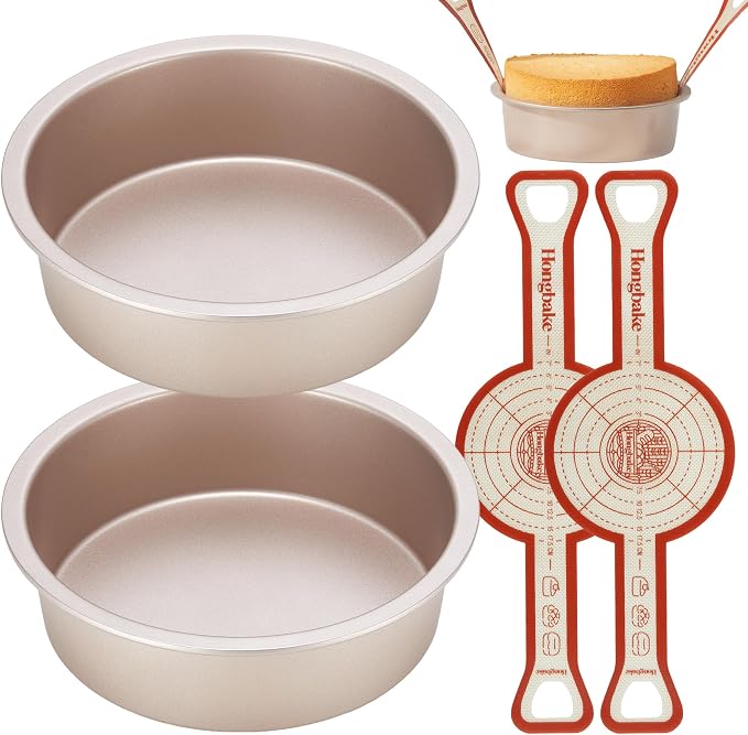 8 Inch Round Cake Pan Set for Baking with 2 Pcs Silicone Baking Sling Mats, Nonstick Circle Cake Pans Set of 2, 2.5" Deeper Layer Cake Tin for Oven, Cheesecake Mold, Huty Duty, Golden