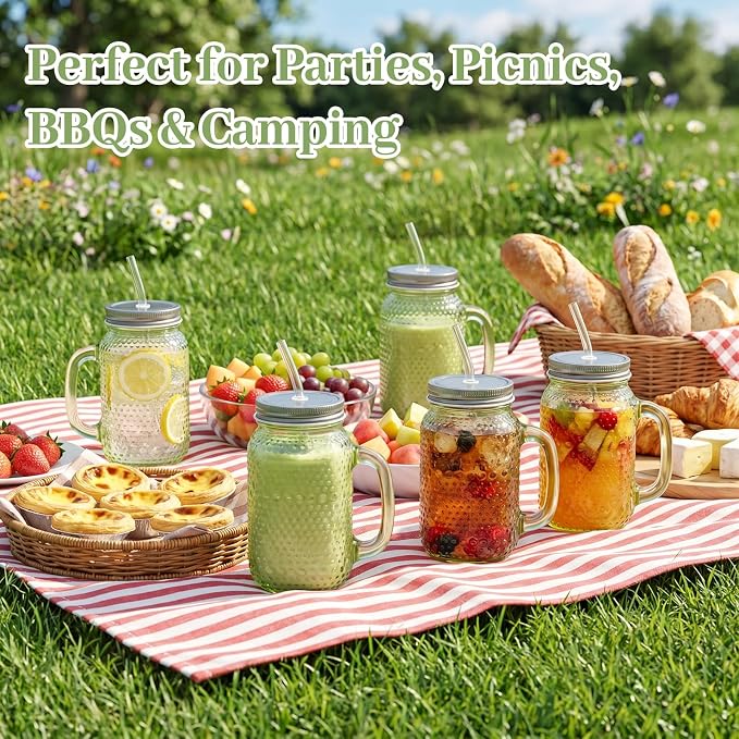 DaYammi 6 Pack 24oz Hobnail Mason Jars Cups Drinking Glass Cups with Lids & Straws, Green Wide Mouth Mason Jars Cups with Handle, Tumblers for Coffee Smoothies, Iced Tea, Juice, Beer, Cocktail