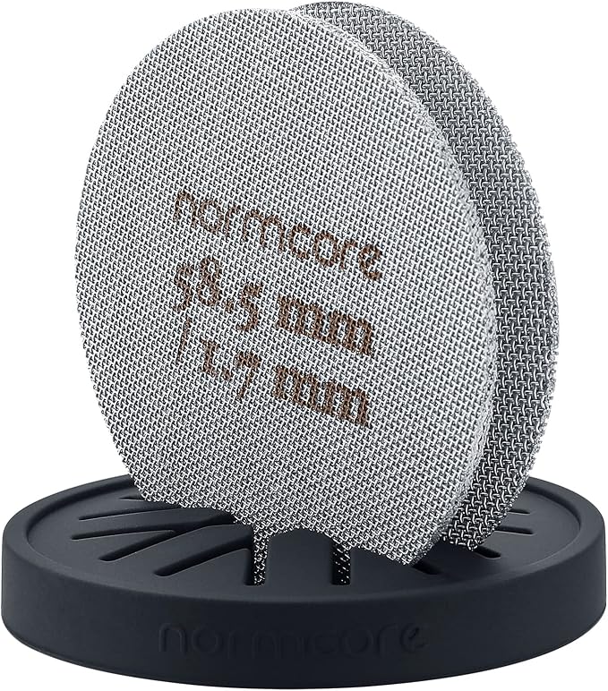 Normcore 2 Packs 58.5mm Puck Screen with Stand - Reusable Contact Shower Screen with Silicone Holder - 1.7mm / 1.0mm Thickness 150μm Mesh - Compatible with Espresso Machine 58mm Portafilter Basket
