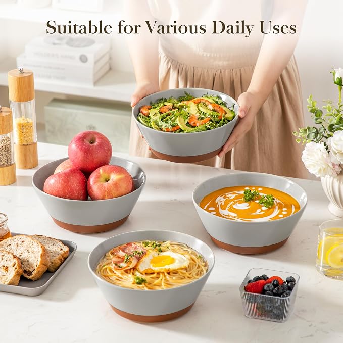 MALACASA Salad Bowls Set of 4, Soup Bowls for Kitchen, 60oz Ceramic Bowl | Large Deep Bowls for Ramen, Cereal, Fruit, Pho and Pasta, Microwave & Dishwasher Safe, Speckled, Grey & Brown, Series TARA