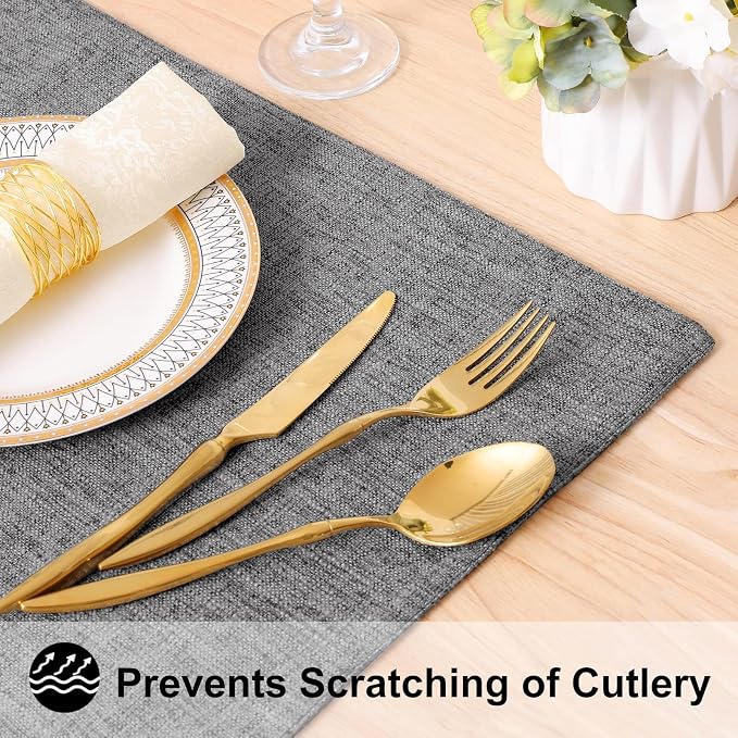 Faux Cotton Linen Placemats Set of 6, Cloth Washable Farmhouse Dining Table Mats for Indoors & Outdoors, Easy to Clean, Dark Grey, 13 x 19 Inch