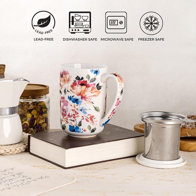 GBhome Tea Mug with Infuser and Lid,18 Ounce Ceramic Loose Leaf Cup Steeper | Lead-Free Glaze For Tea Lovers,Microwave & Dishwasher Safe with Tea Strainer