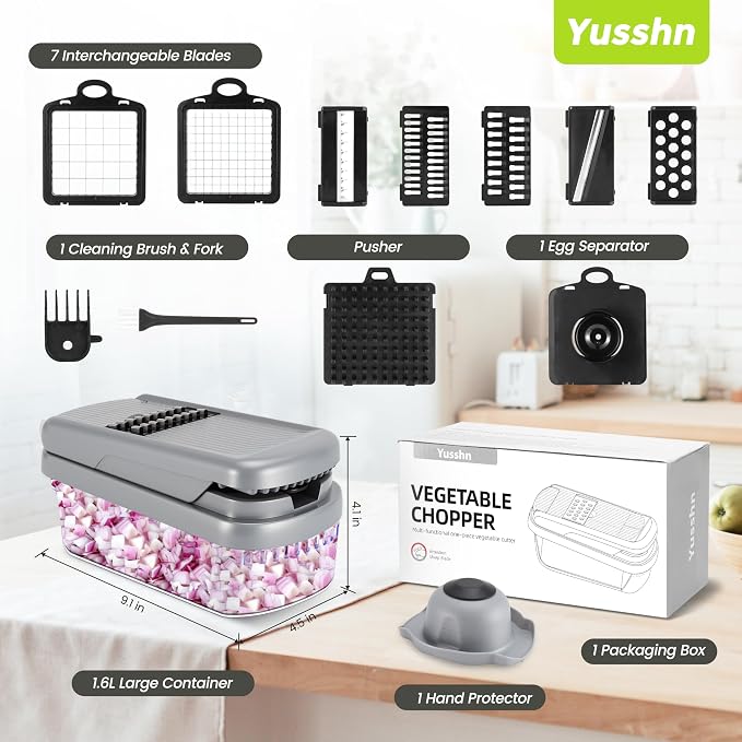 Yusshn Vegetable Chopper, 12-in-1 Food Veggie Chopper Cutter with Container | 7 Sharp Blades Dice, Slice, Shred and Grate for Salads, Onions and Meal Prep, with a Non-Slip Base and Drain Basket
