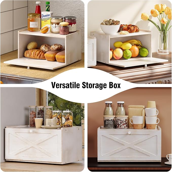 Trironsun Bamboo Bread Box for Kitchen Counter Farmhouse Bread Storage Container Large Capacity Bread Storage Bin Bread Holder (Antique White)