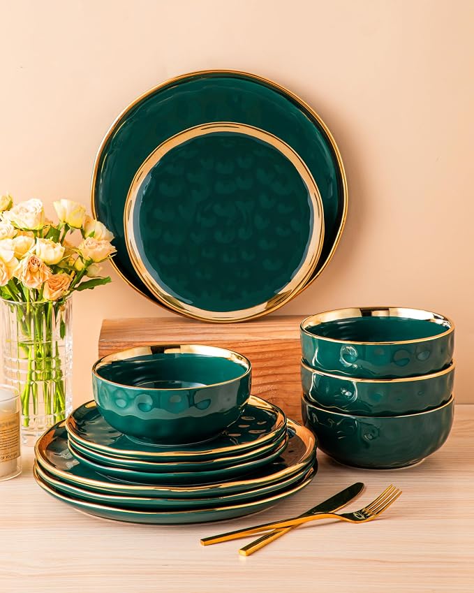 LOVECASA 12 Pieces Plates and Bowls Sets, Porcelain Green and Gold Dinnerware Sets, Round Dinner Plates Dishes Set Service for 4, Dishwasher Safe and Scratch Resistant, Green