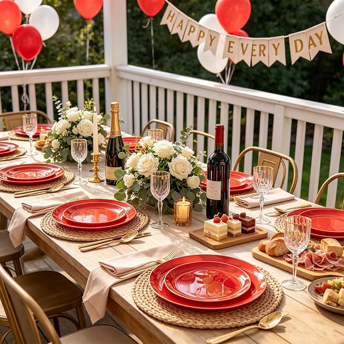IOOOOO 150Pcs Red Plastic Plates,Red Disposable Plates with Gold Rim | Sturdy Hard Disposable Plates Set Include 30 Dinner Plates,30 Dessert Plates, 90 Plastic Silverware Set for Wedding, Events.