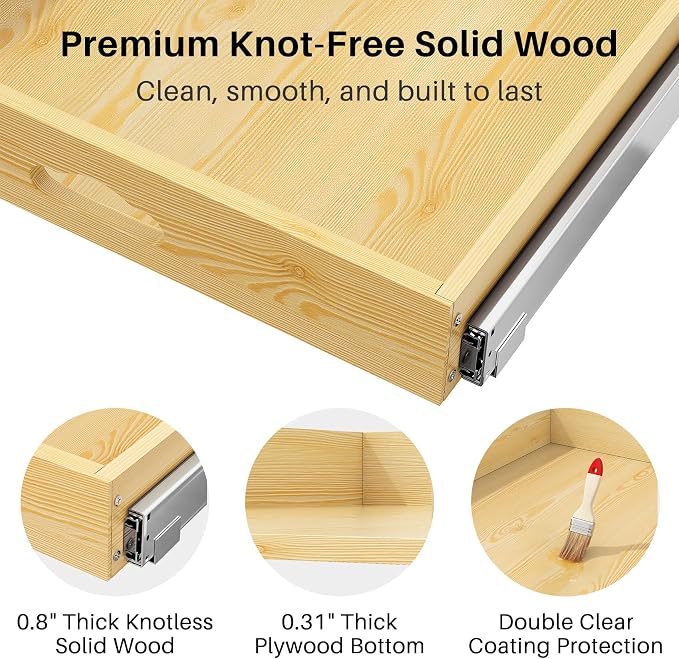 Pull Out Cabinet Organizer, Soft Close Wooden Slide Out Drawers for Pots and Pans, Full-extension Roll Out Shelves for Kitchen Cabinets, Pantry Organization, Bottom & Side Mount(23"W X 21"D x 3.4''H)