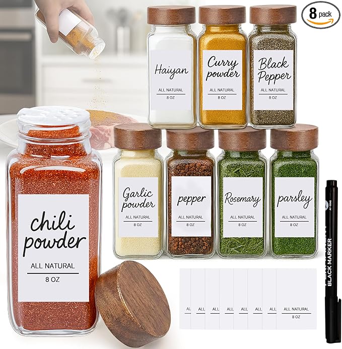 8Oz 8Pcs Glass Spice Jars with Label, Seasoning Containers, Spice Containers with Bamboo Lids & Pen, Empty Spice Bottles for Salt, Herbs, Sugar, Pepper (Acacia Wood Color)
