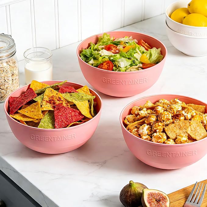 Greentainer 3 Pack Large Plastic Bowls, 135oz Plastic Salad Bowls - Reusable Serving Bowls for Party, Picnic, Entertaining, Kitchen & Outdoor, Microwave & Dishwasher Safe (Pink)