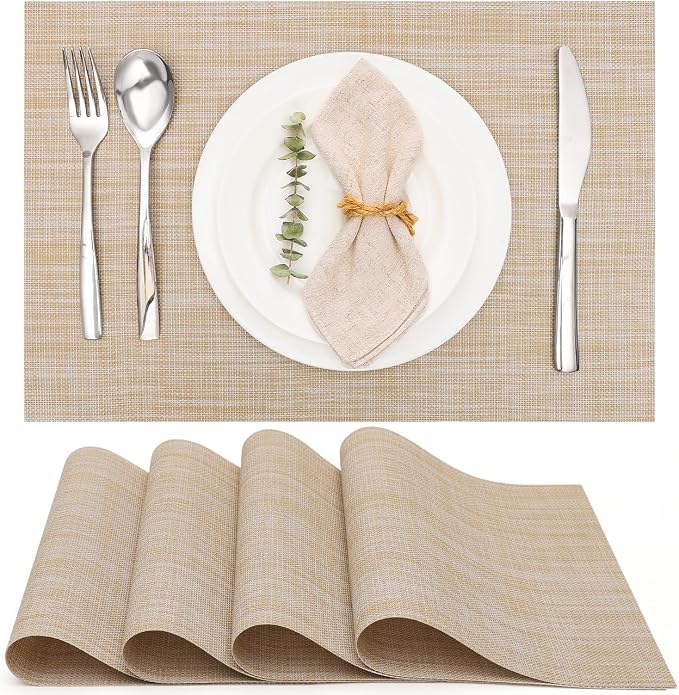 Myir JUN Placemats Set of 4 Kitchen and Dining Table Placemats | Vinyl Placemats Place Mats Indoor/Outdoor Set of 4 Washable Table Mats Non-Slip Place mats for Dining Table, Beige